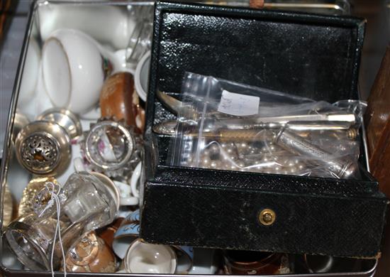 Silver cheroot holder, various spoons, pencils, small glasses, crested china, etc.